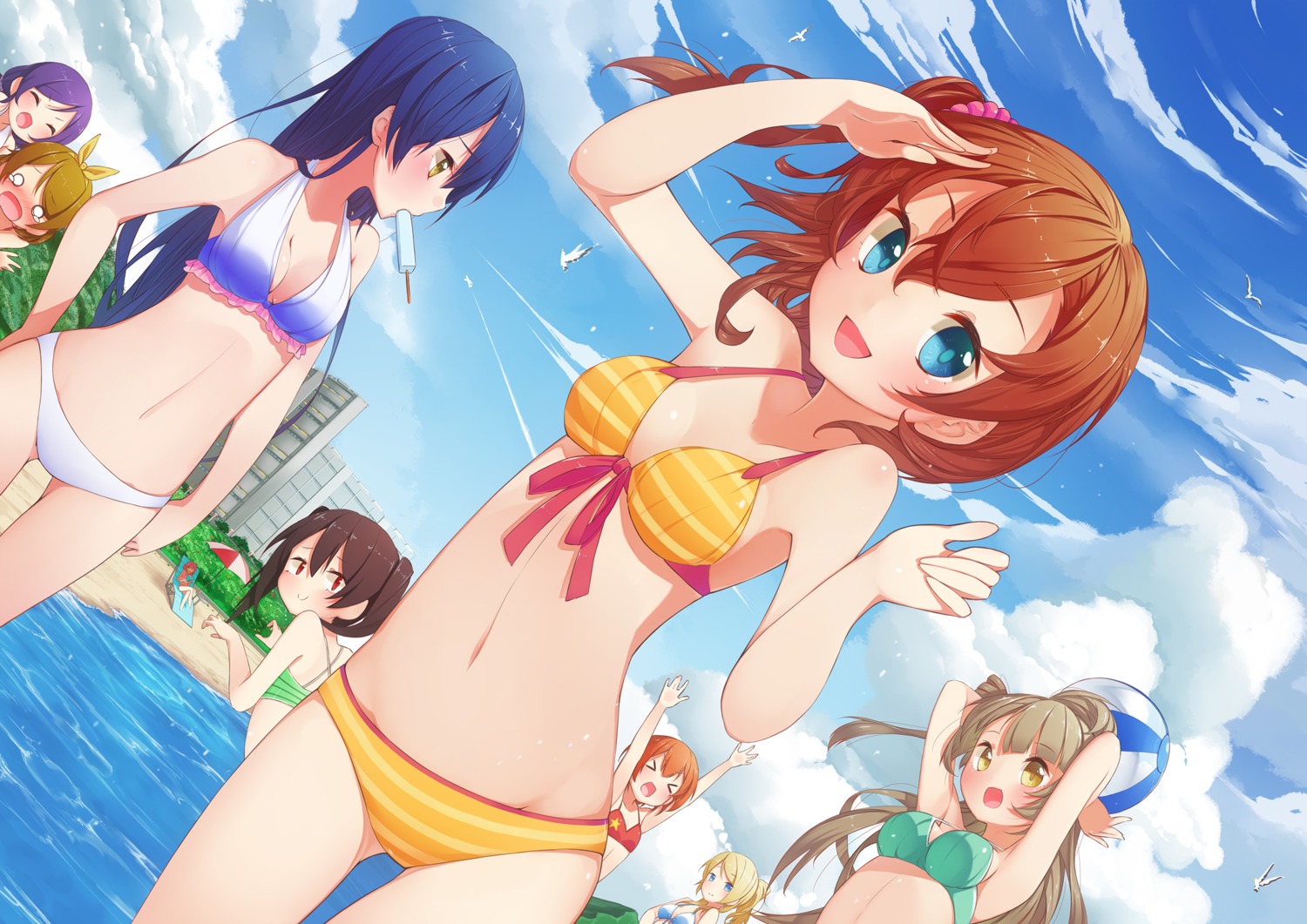 ayase_eli bikini cleavage hoshizora_rin koizumi_hanayo kousaka_honoka love_live! minami_kotori moku nishikino_maki sonoda_umi swimsuits toujou_nozomi yazawa_nico