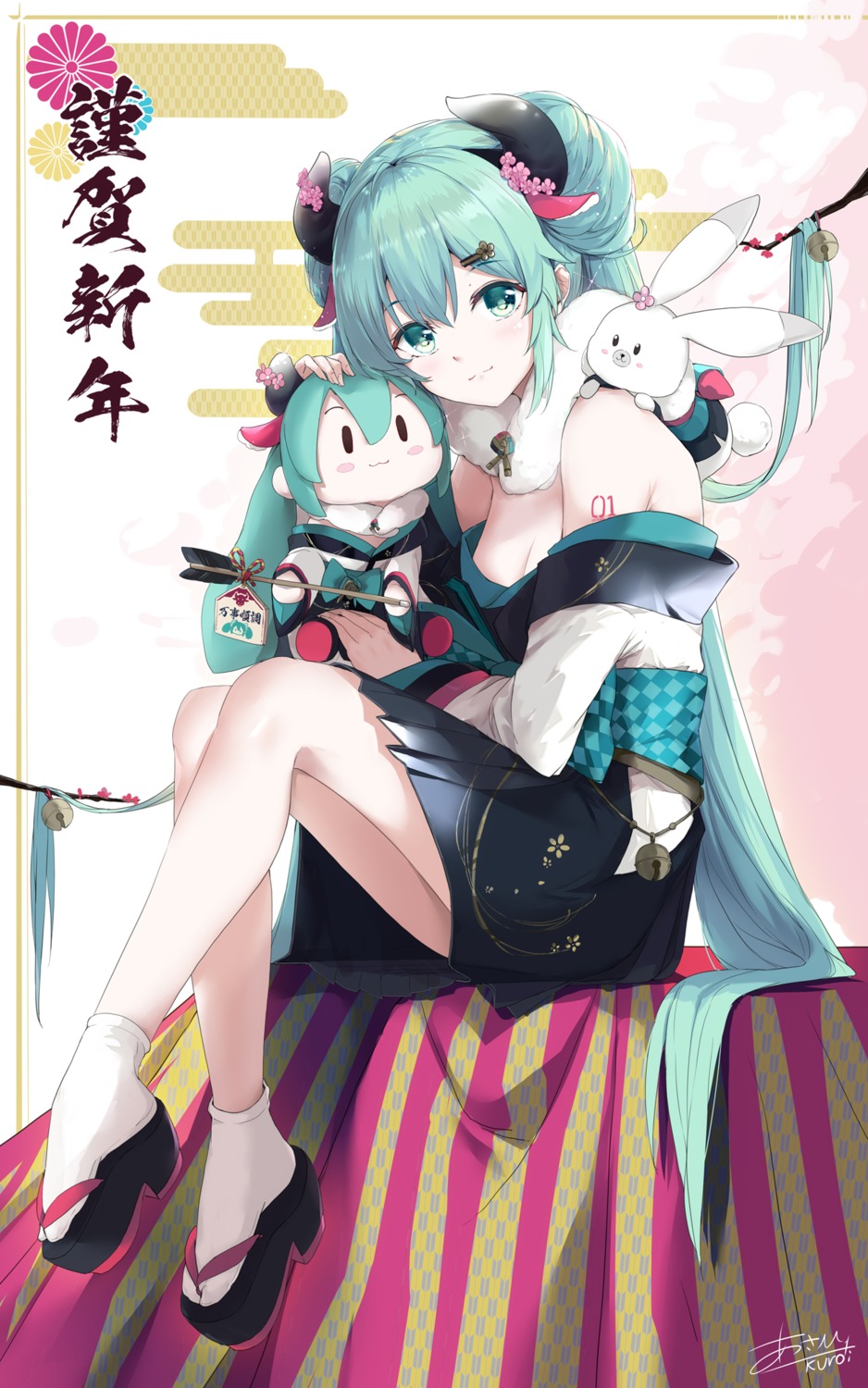 asahi_kuroi chibi hatsune_miku japanese_clothes no_bra open_shirt skirt_lift tattoo vocaloid