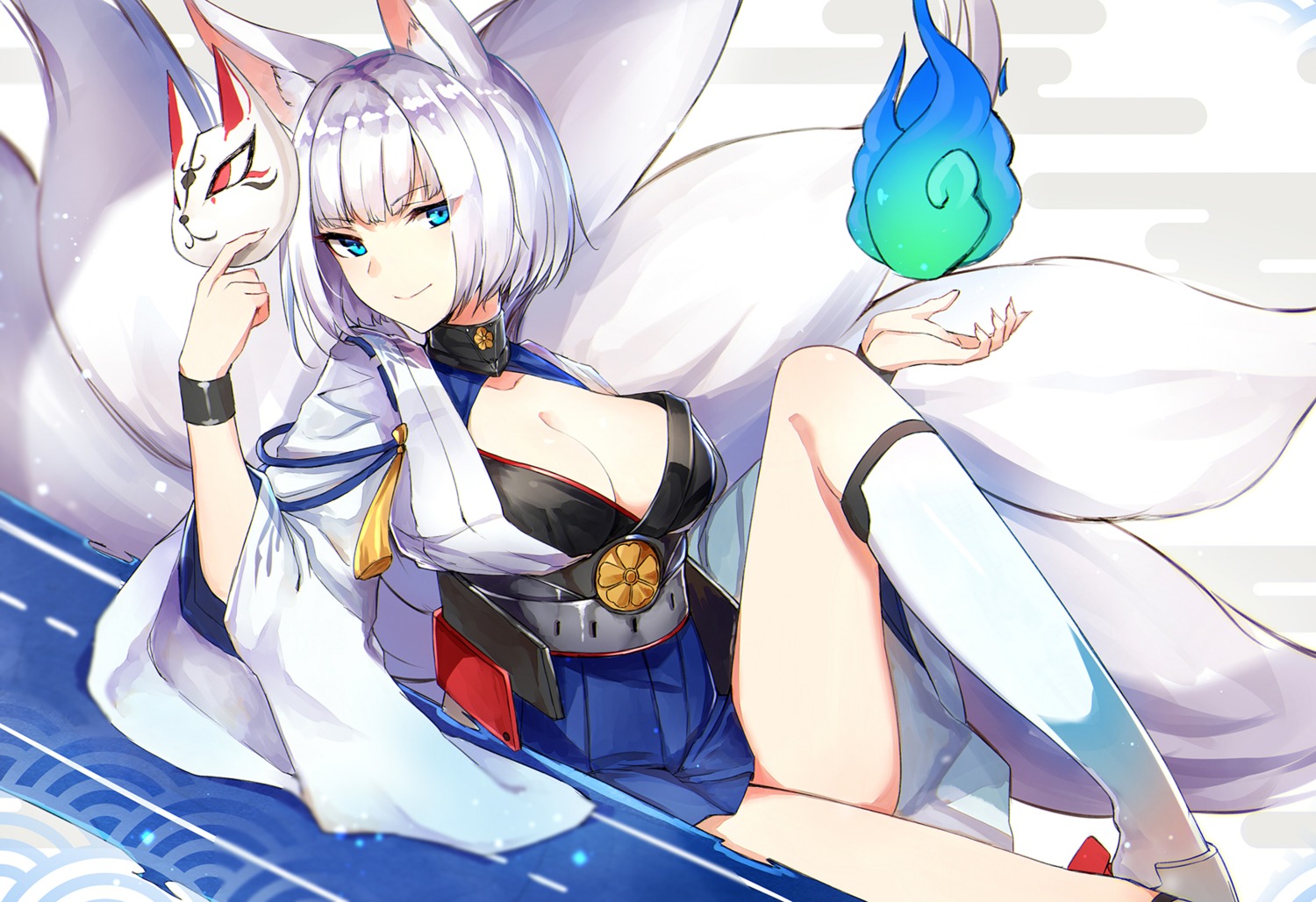 animal_ears azur_lane cleavage kaga_(azur_lane) kitsune mengda tail