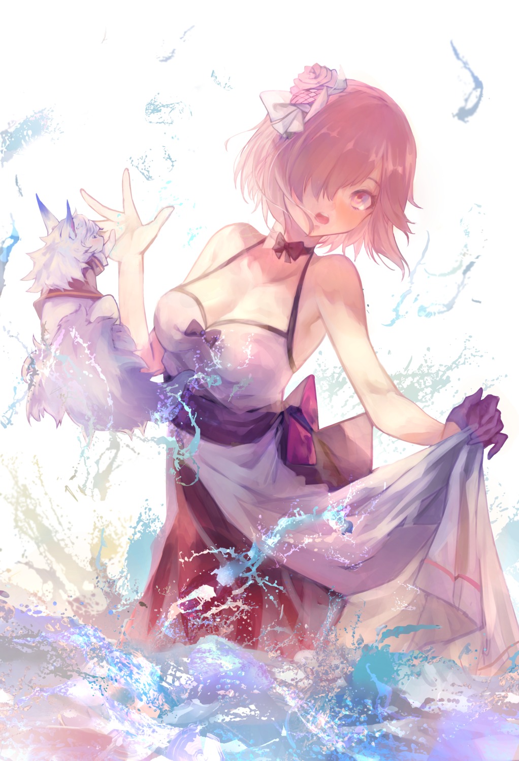 cleavage dress fate/grand_order fou_(fate/grand_order) mash_kyrielight saitogiulio skirt_lift wet