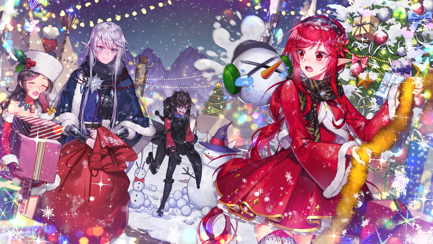 christmas cleavage dress dungeon_fighter milcona pointy_ears thighhighs