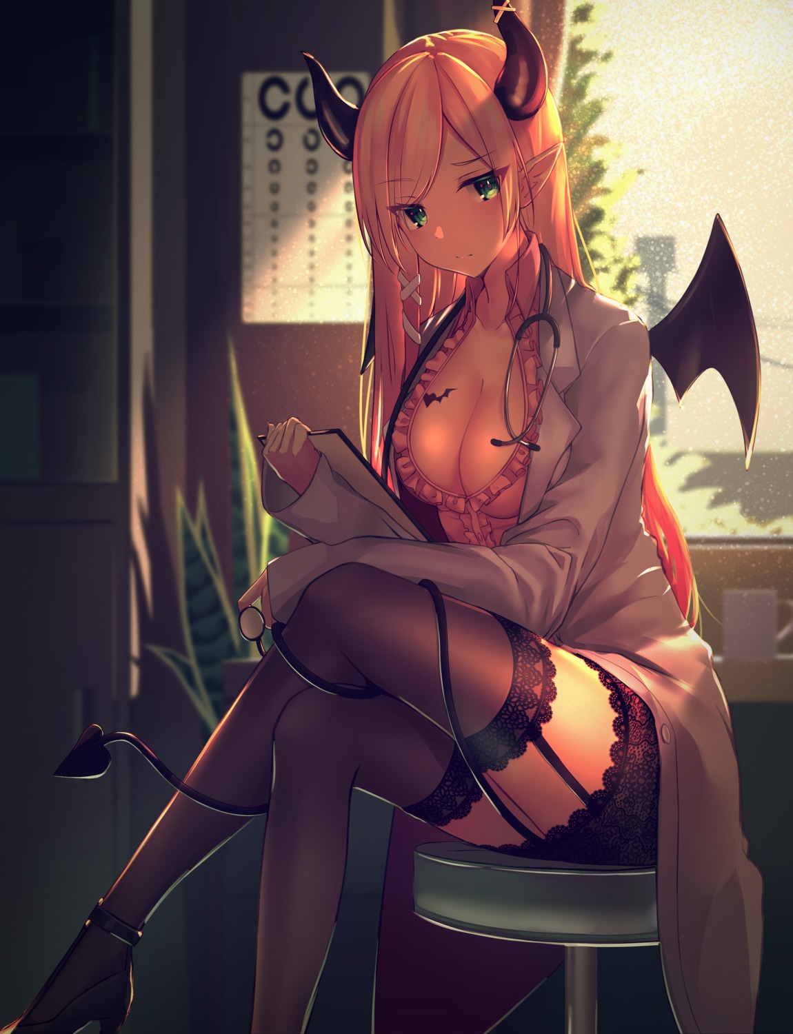 heels hololive horns inaba_teitoku no_bra open_shirt pointy_ears stockings tail tattoo thighhighs wings yuzuki_choco