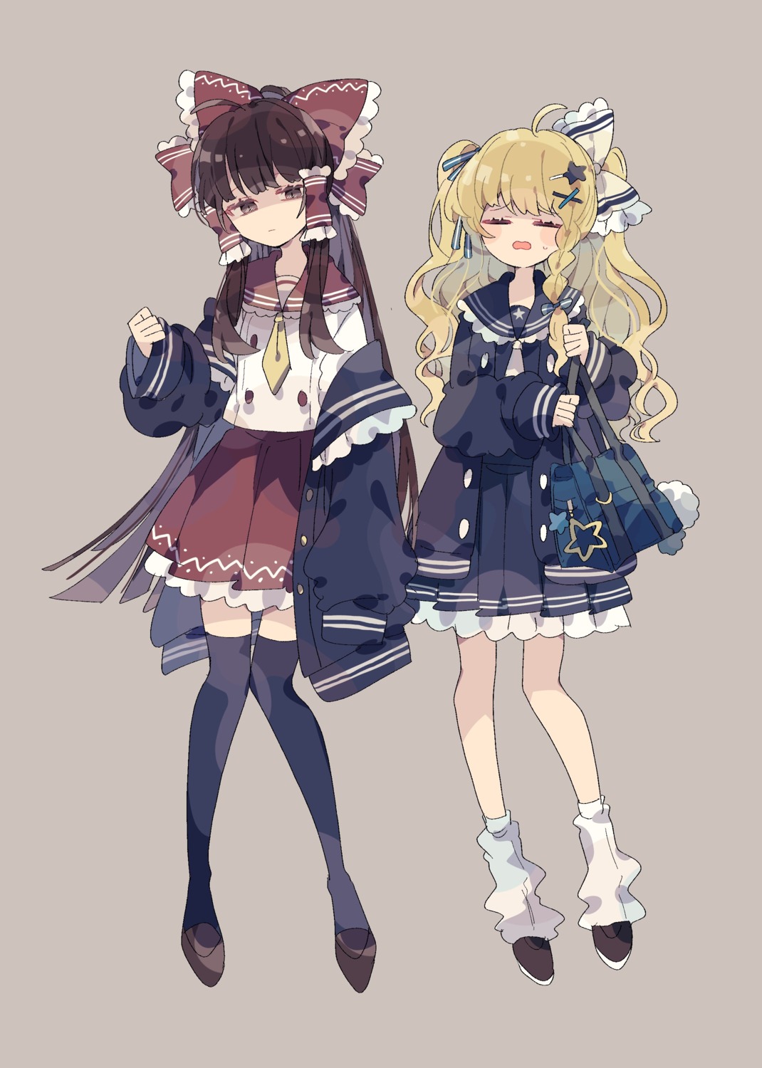 hakurei_reimu kirisame_marisa nikorashika seifuku thighhighs touhou