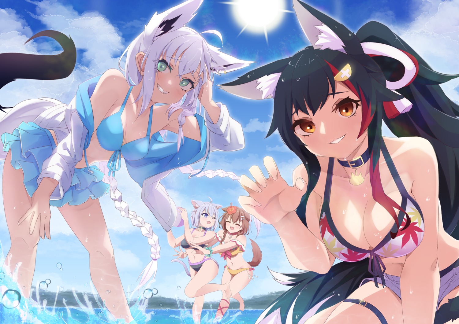 angruoxin animal_ears bikini garter hololive hololive_gamers inugami_korone inumimi kitsune nekomata_okayu nekomimi ookami_mio open_shirt shirakami_fubuki swimsuits tail wet