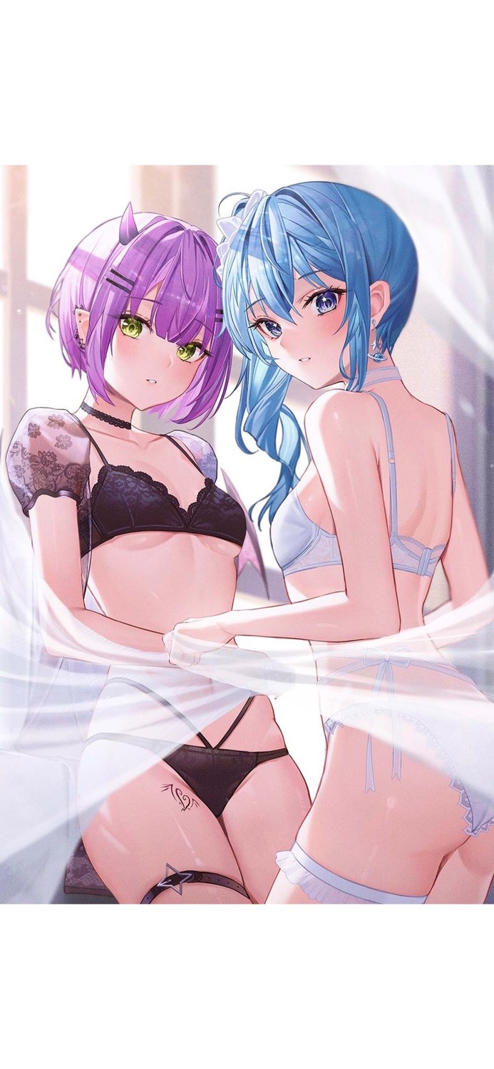 ass bra garter hololive horns hoshimachi_suisei lingerie pantsu pointy_ears sanada_keisui see_through tail tattoo thong tokoyami_towa wings yuri