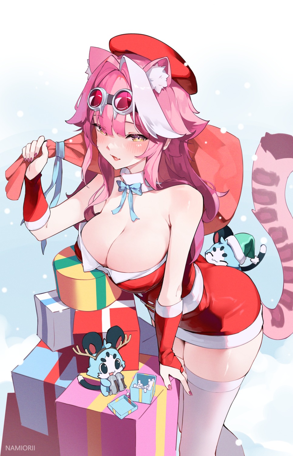 animal_ears christmas dress hololive hololive_english namiorii no_bra raora_panthera tail thighhighs