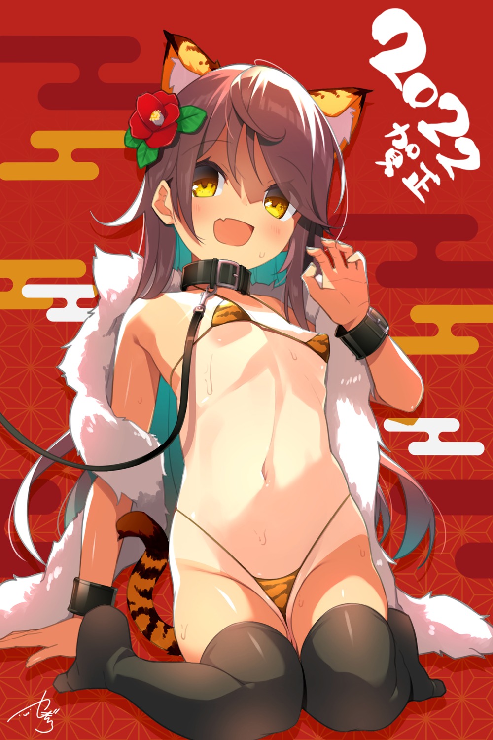 animal_ears bikini open_shirt swimsuits tail tan_lines thighhighs yanagi_yuu