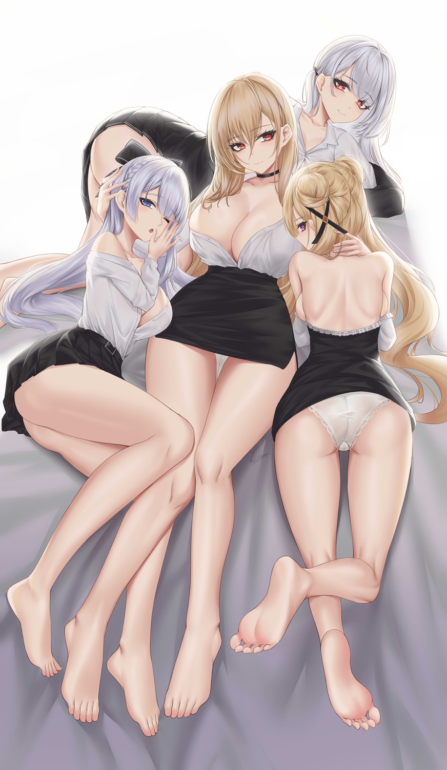 argus_(azur_lane) ass azur_lane dress_shirt feet ichikushi_mojibake implacable_(azur_lane) no_bra open_shirt pantsu royal_oak_(azur_lane) scylla_(azur_lane) see_through skirt_lift yuri