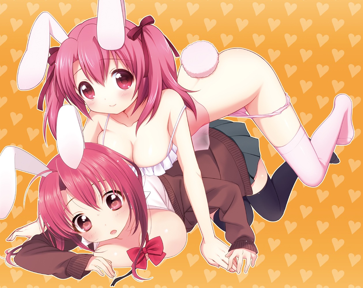 animal_ears bunny_ears cleavage open_shirt pantsu panty_pull sakura_(mani) seifuku tail thighhighs usashiro_mani