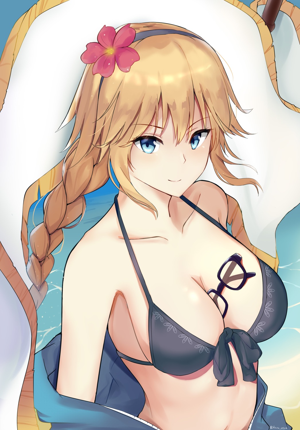 bikini_top cleavage fate/grand_order jeanne_d'arc jeanne_d'arc_(fate) kara_0504 megane open_shirt swimsuits