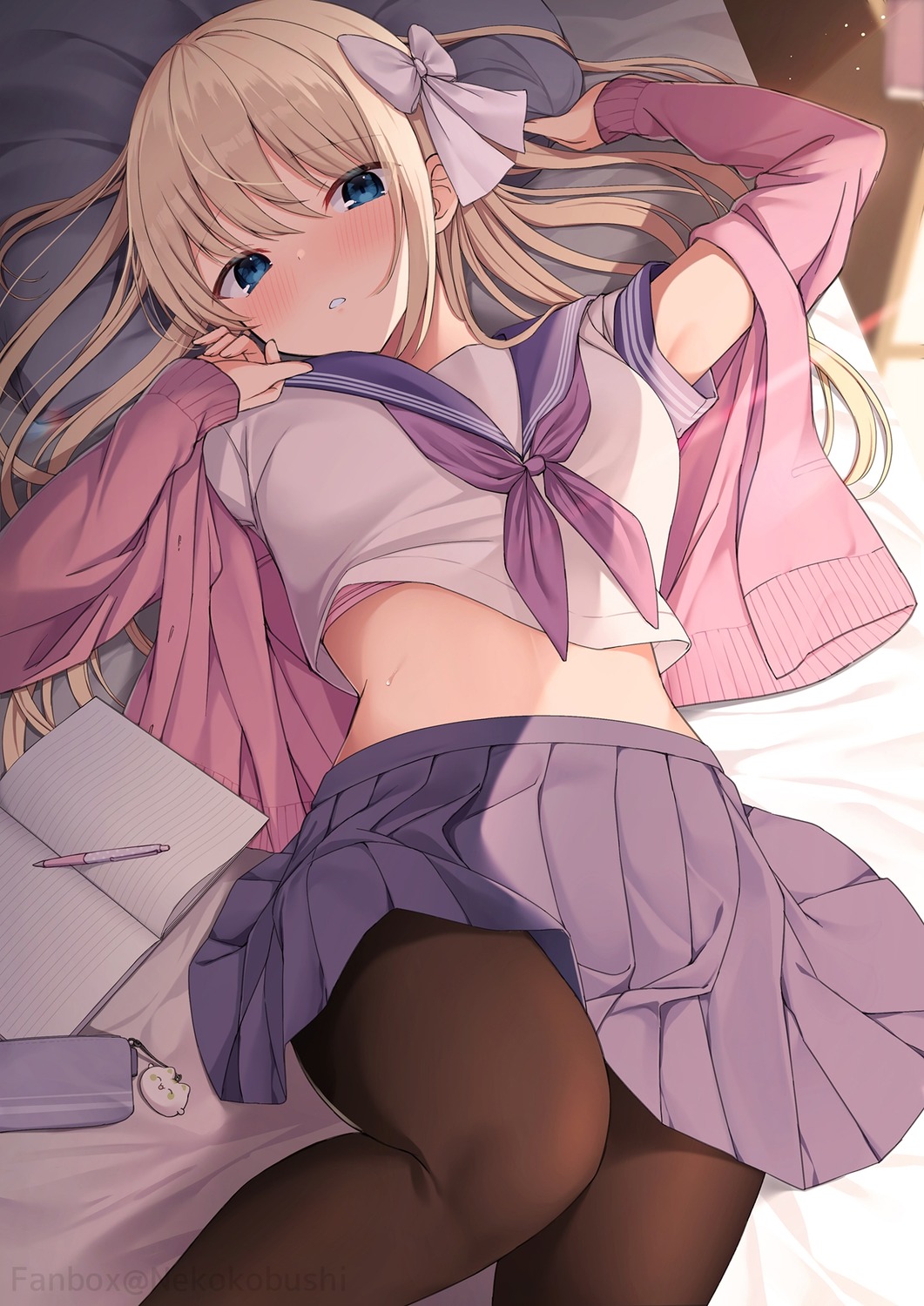 bra nekokobushi pantyhose seifuku shirt_lift skirt_lift sweater