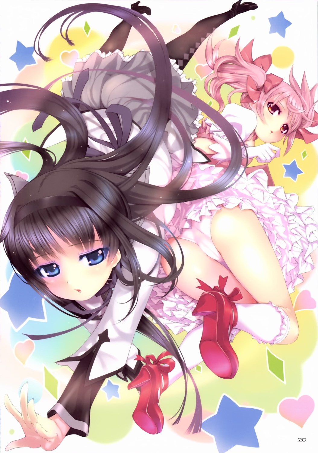 akemi_homura dress kaname_madoka mikazuki_akira pantsu puella_magi_madoka_magica thighhighs tri-moon!