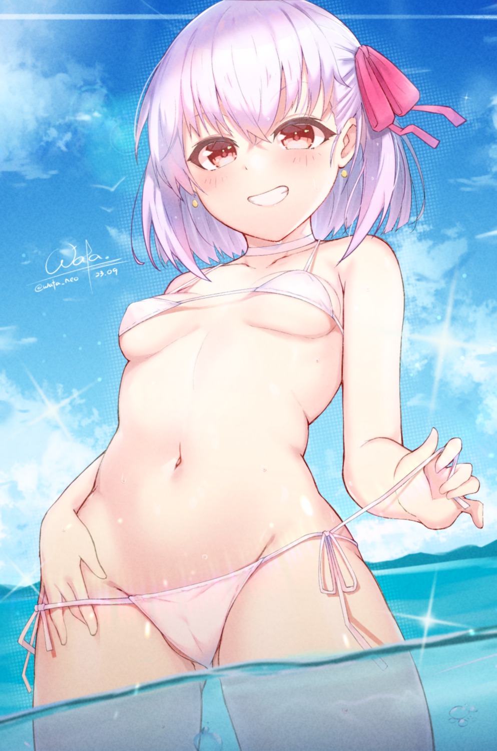 bikini cameltoe erect_nipples fate/grand_order kama_(fate/grand_order) loli swimsuits undressing wata_neo wet