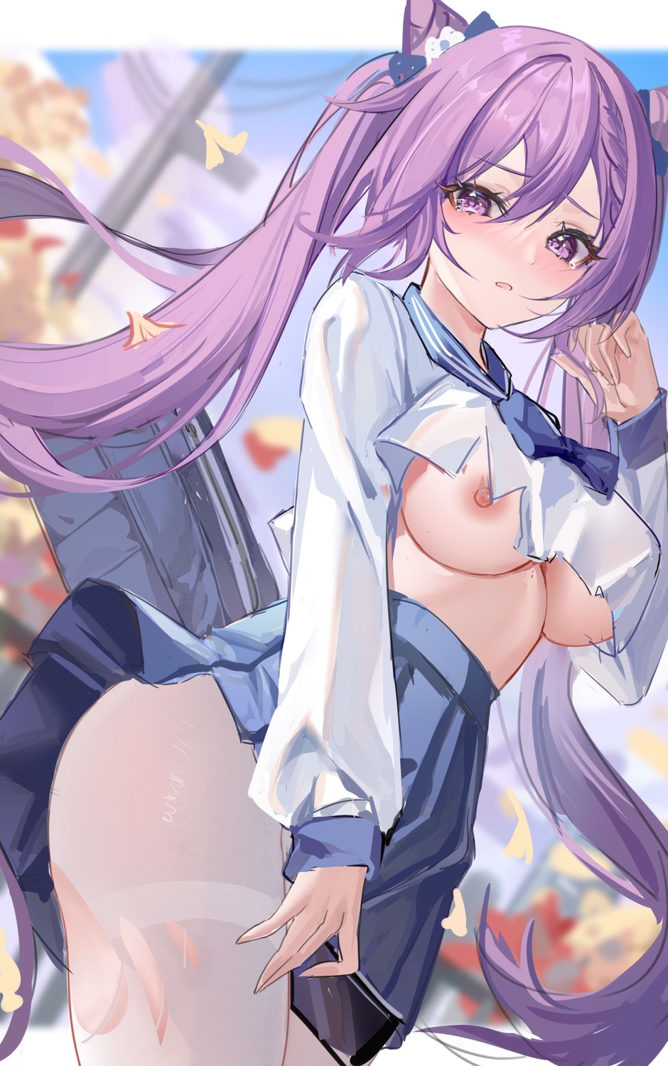 breasts genshin_impact keqing nipples no_bra pantyhose see_through seifuku sketch skirt_lift wenbugu