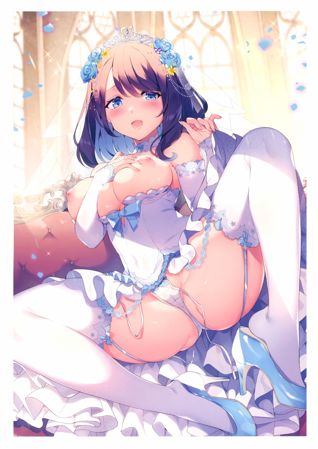 breast_hold breasts cameltoe dress heels kat_(bu-kunn) nipples no_bra pantsu skirt_lift stockings thighhighs thong wedding_dress