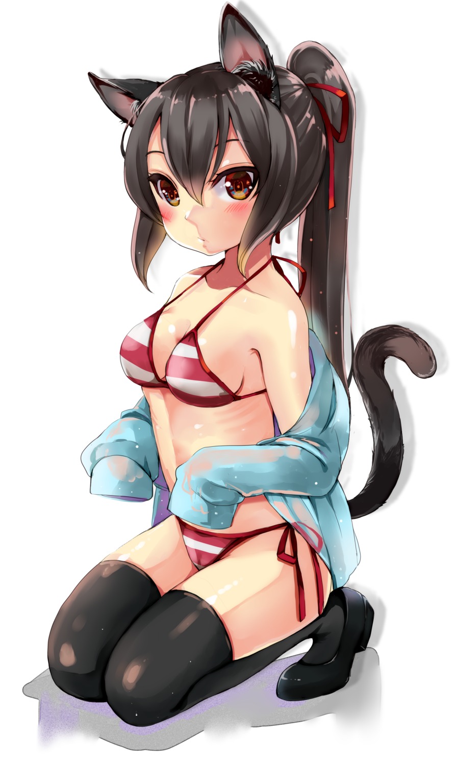 animal_ears bikini nekomimi open_shirt swimsuits tagme tail thighhighs