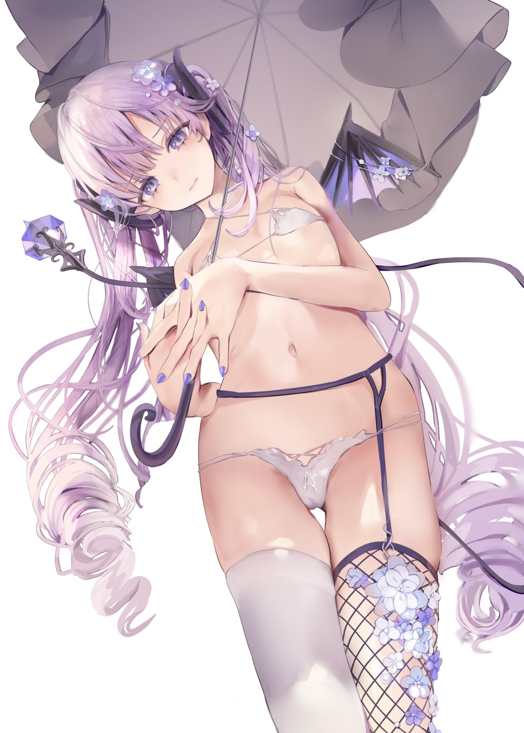 bra cameltoe fishnets garter_belt horns iijima_masashi pantsu stockings tail thighhighs umbrella wings