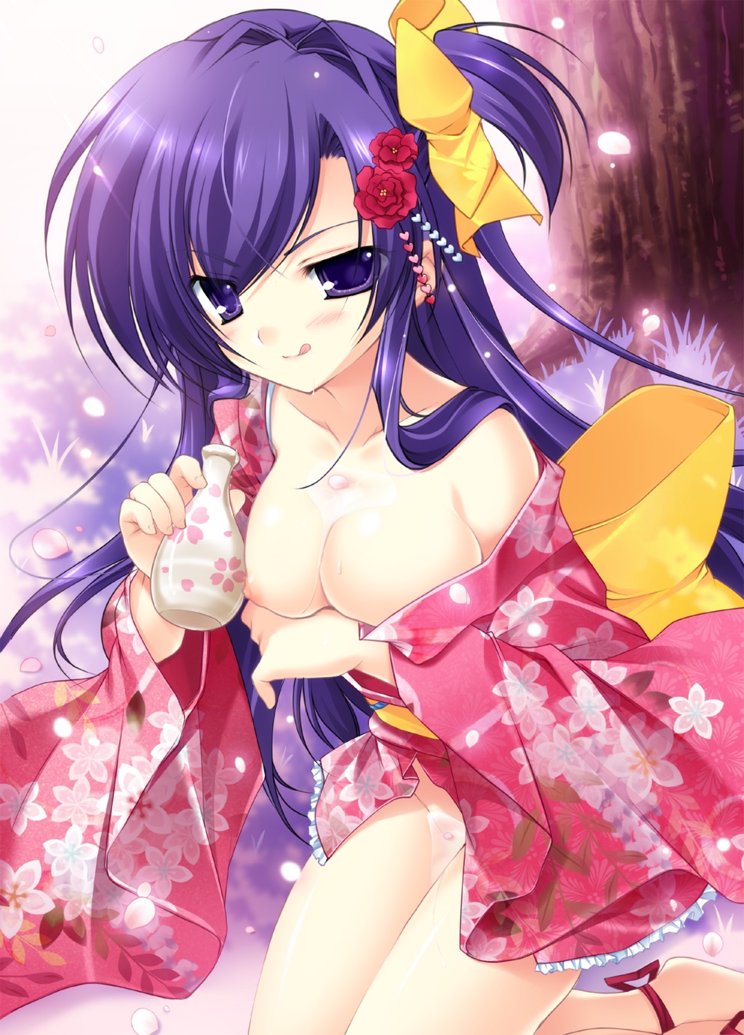 breast_hold breasts mikeou nipples no_bra nopan open_shirt pink_chuchu sake yukata