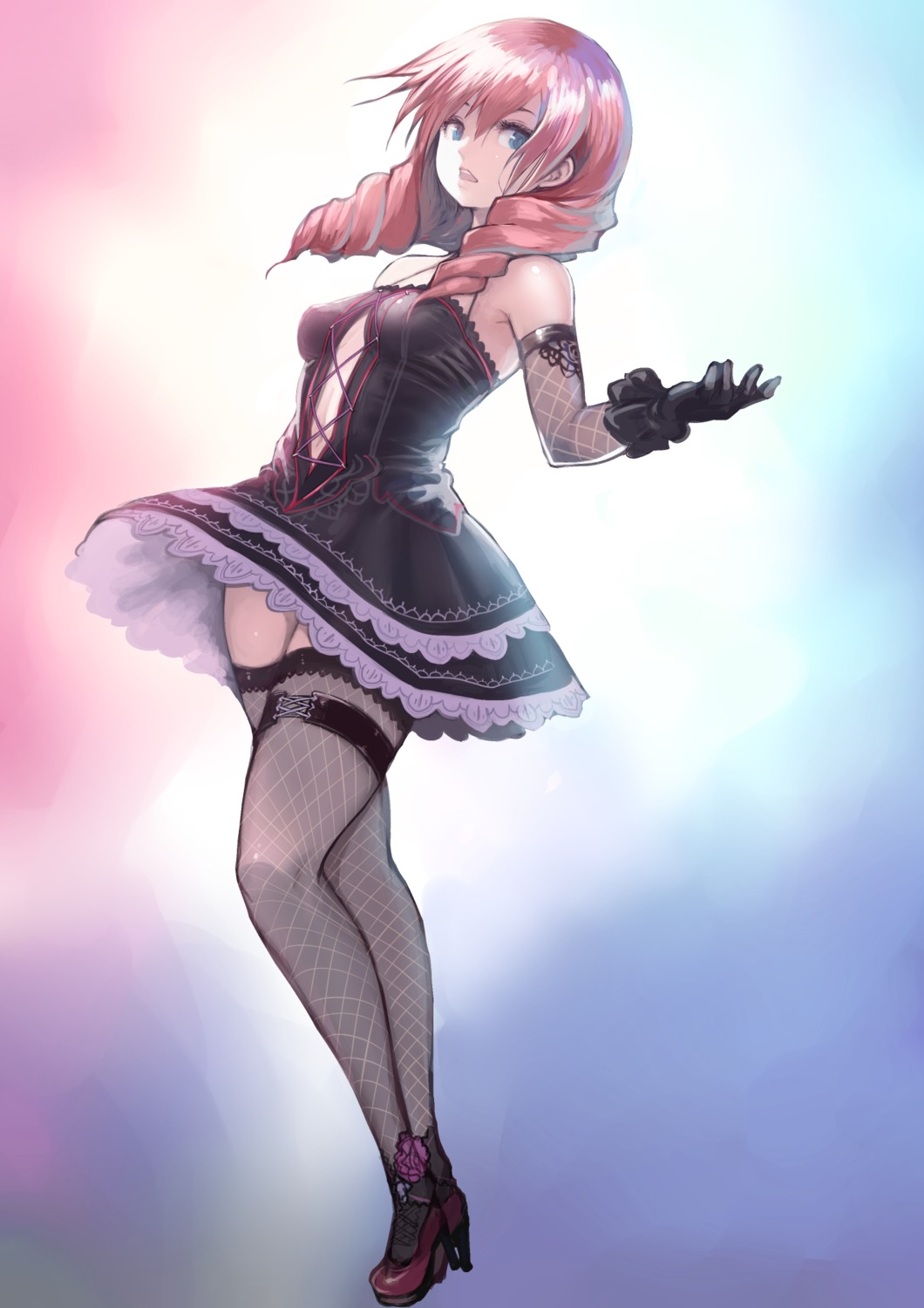 amy_(soul_calibur) dress fishnets garter heels lolita_fashion skirt_lift soul_calibur tagme thighhighs