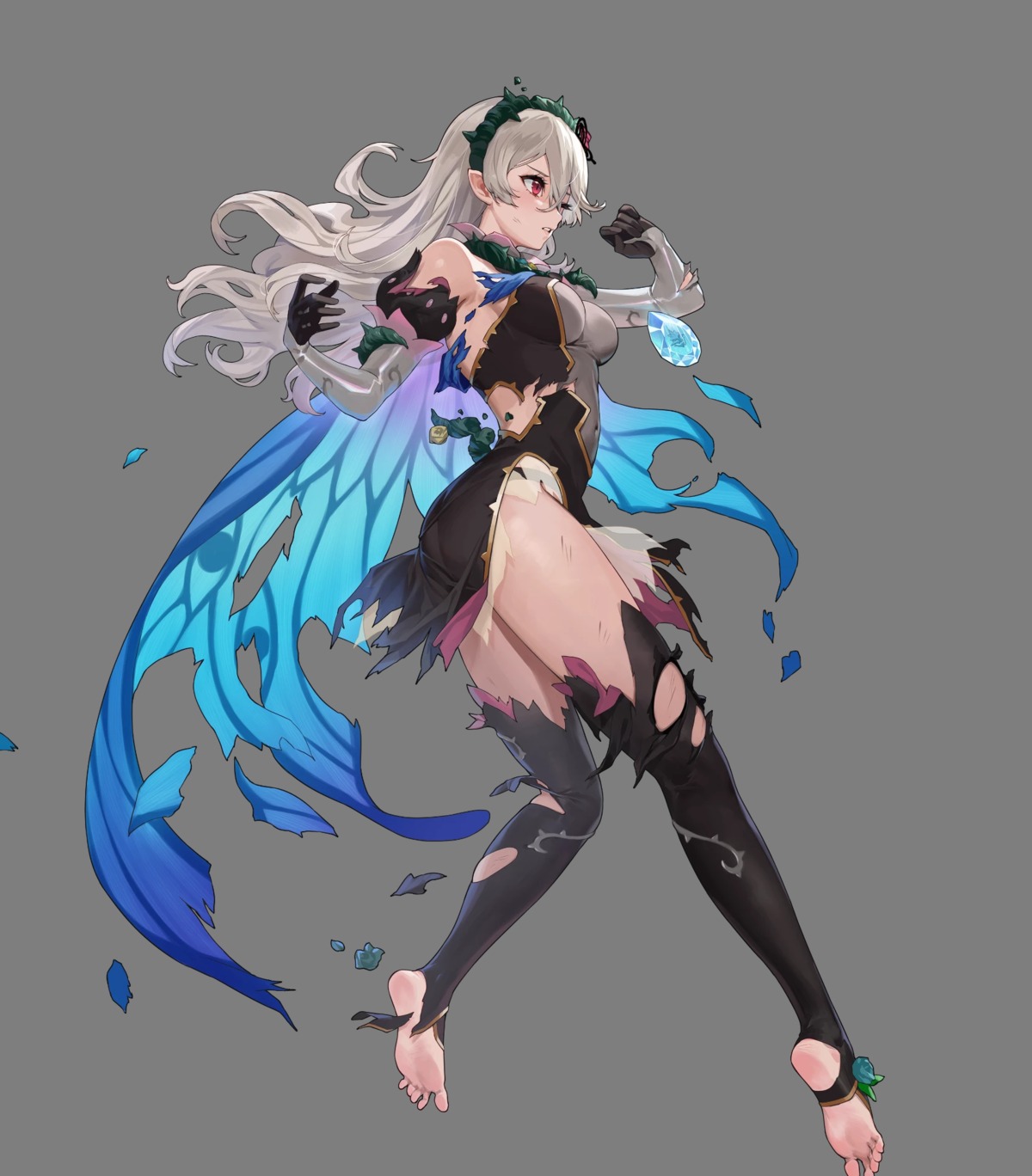 dress ekao fairy fire_emblem fire_emblem_if kamui_(fire_emblem) nintendo no_bra pantsu pointy_ears see_through thighhighs torn_clothes wings