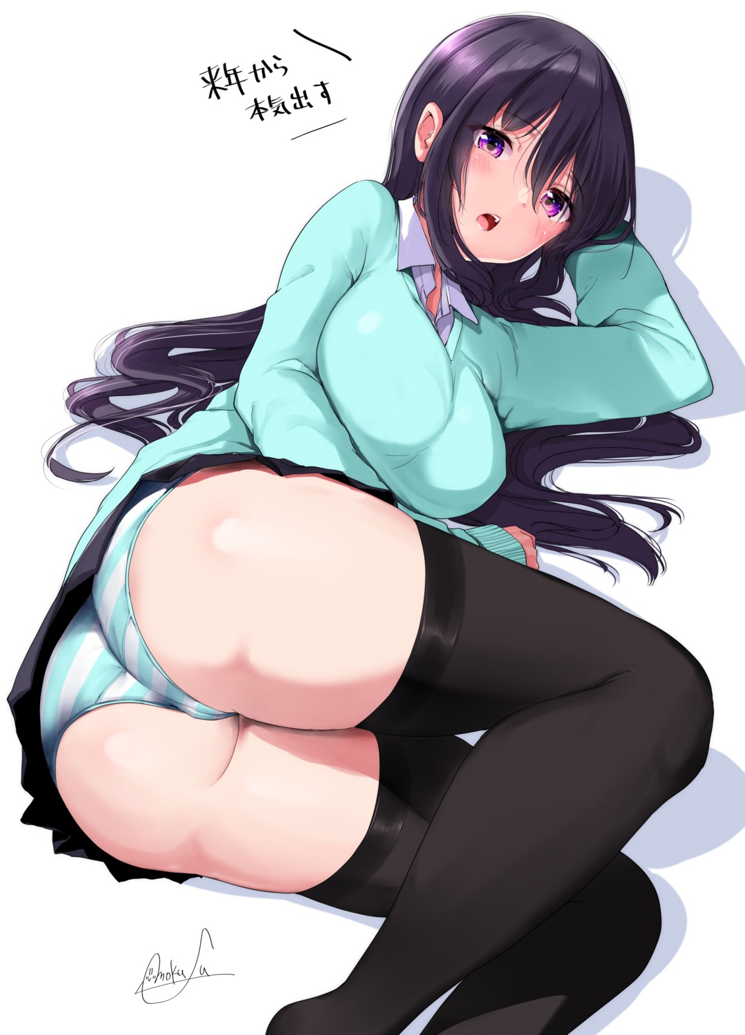 ass cameltoe mokufuu pantsu seifuku shimapan skirt_lift sweater thighhighs thong