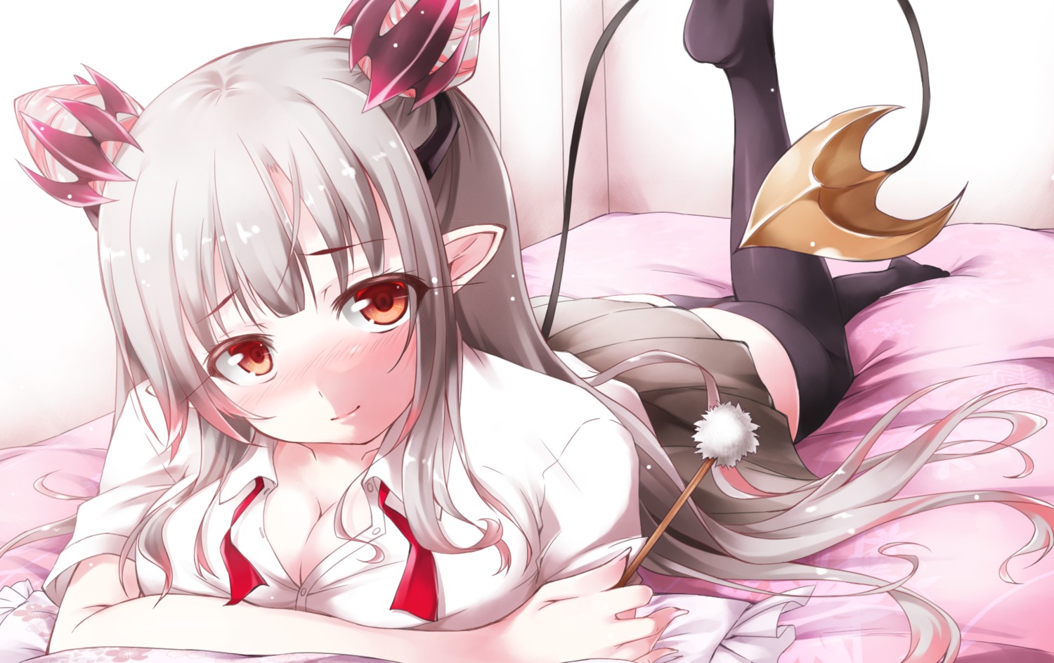 cleavage honey_strap nanashi_inc. open_shirt pointy_ears seifuku suou_patra tagme tail thighhighs