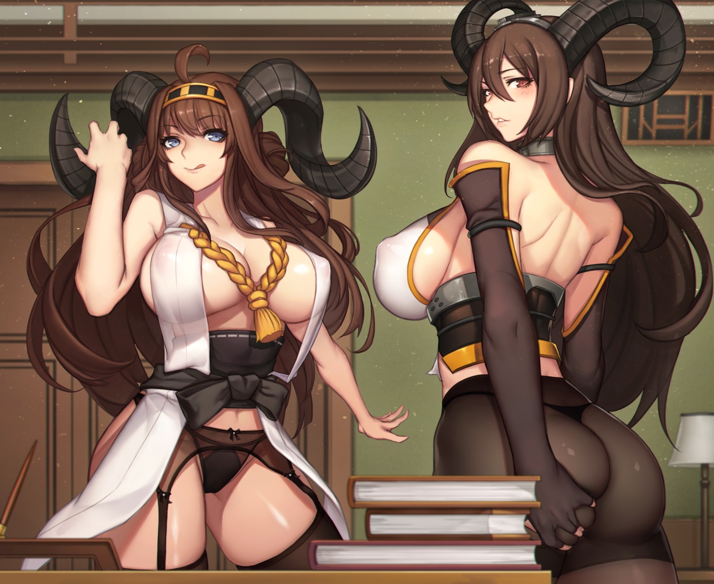 ass ass_grab cameltoe cleavage erect_nipples evan_yang garter_belt horns kantai_collection kongou_(kancolle) nagato_(kancolle) no_bra pantsu pantyhose stockings thighhighs