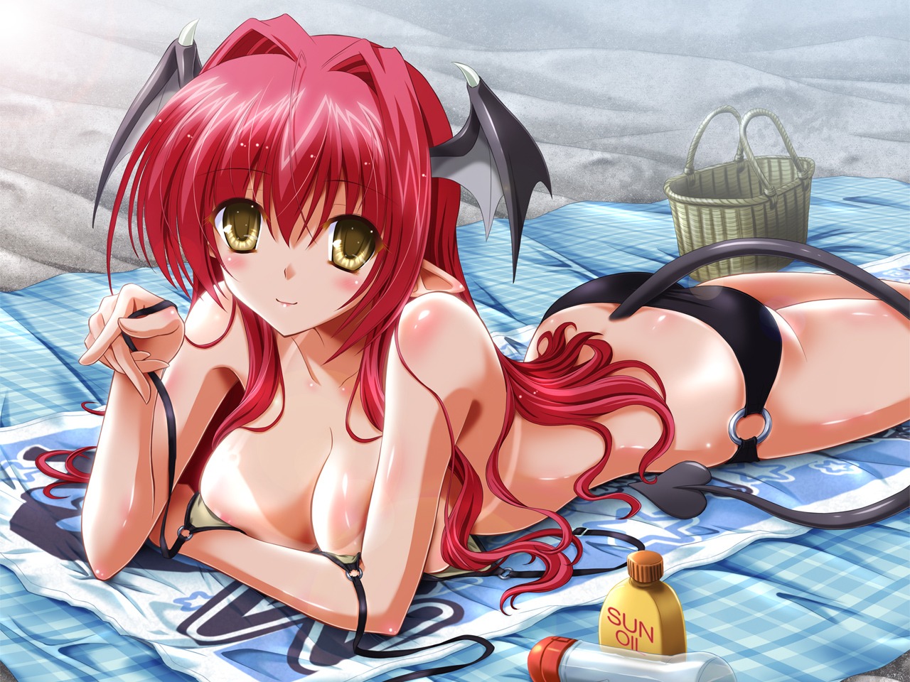 areola bikini breast_hold cleavage koakuma pointy_ears swimsuits tail tan_lines touhou undressing wallpaper wings yamu