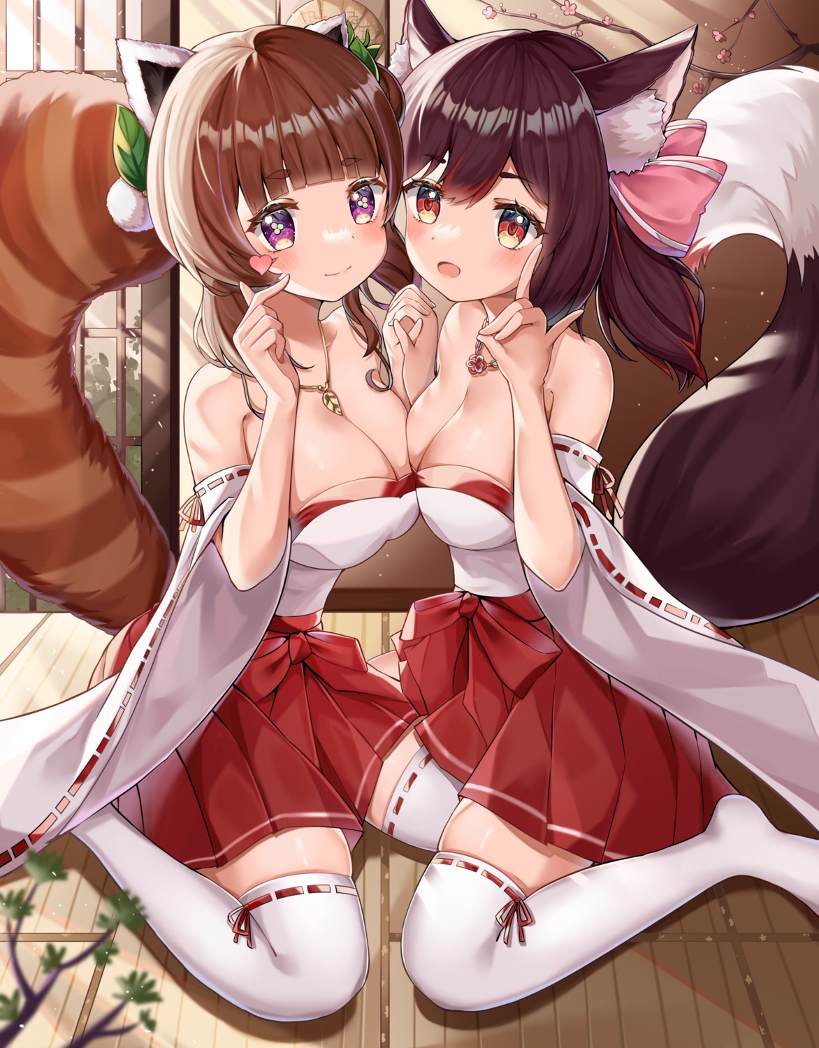 animal_ears kitsune miko no_bra shi_zhuzi_da symmetrical_docking tail thighhighs