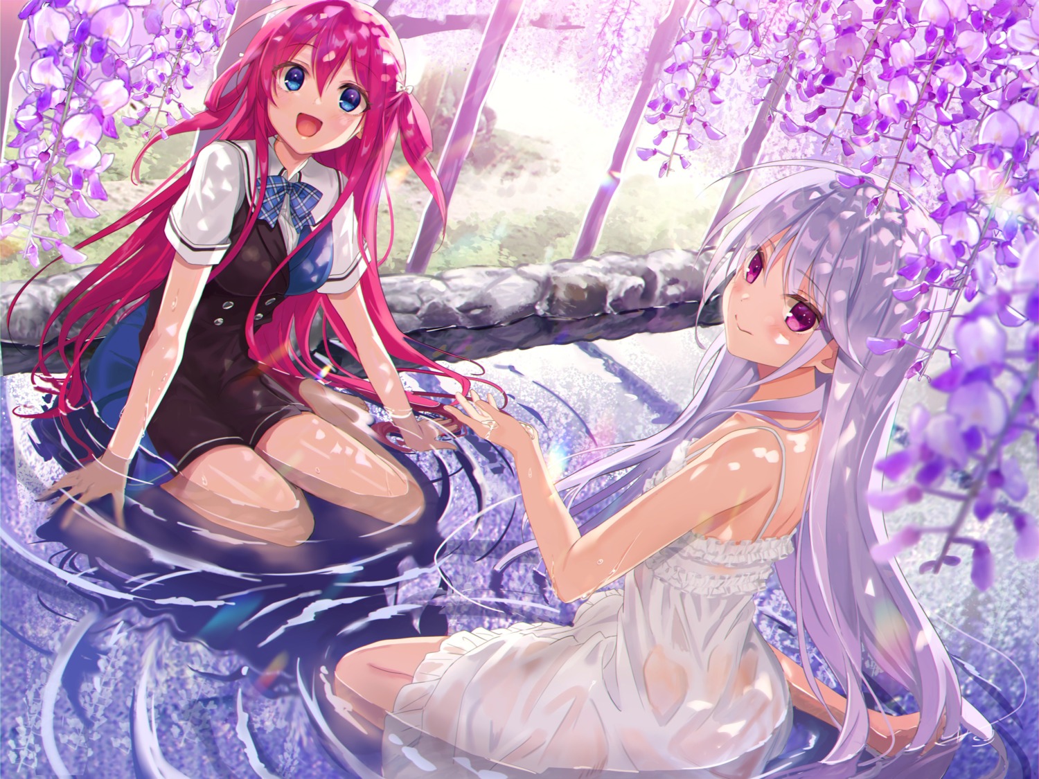 dress grisaia grisaia_no_kajitsu kazami_kazuki mimimi_3x3x3 see_through seifuku summer_dress suou_amane wet wet_clothes