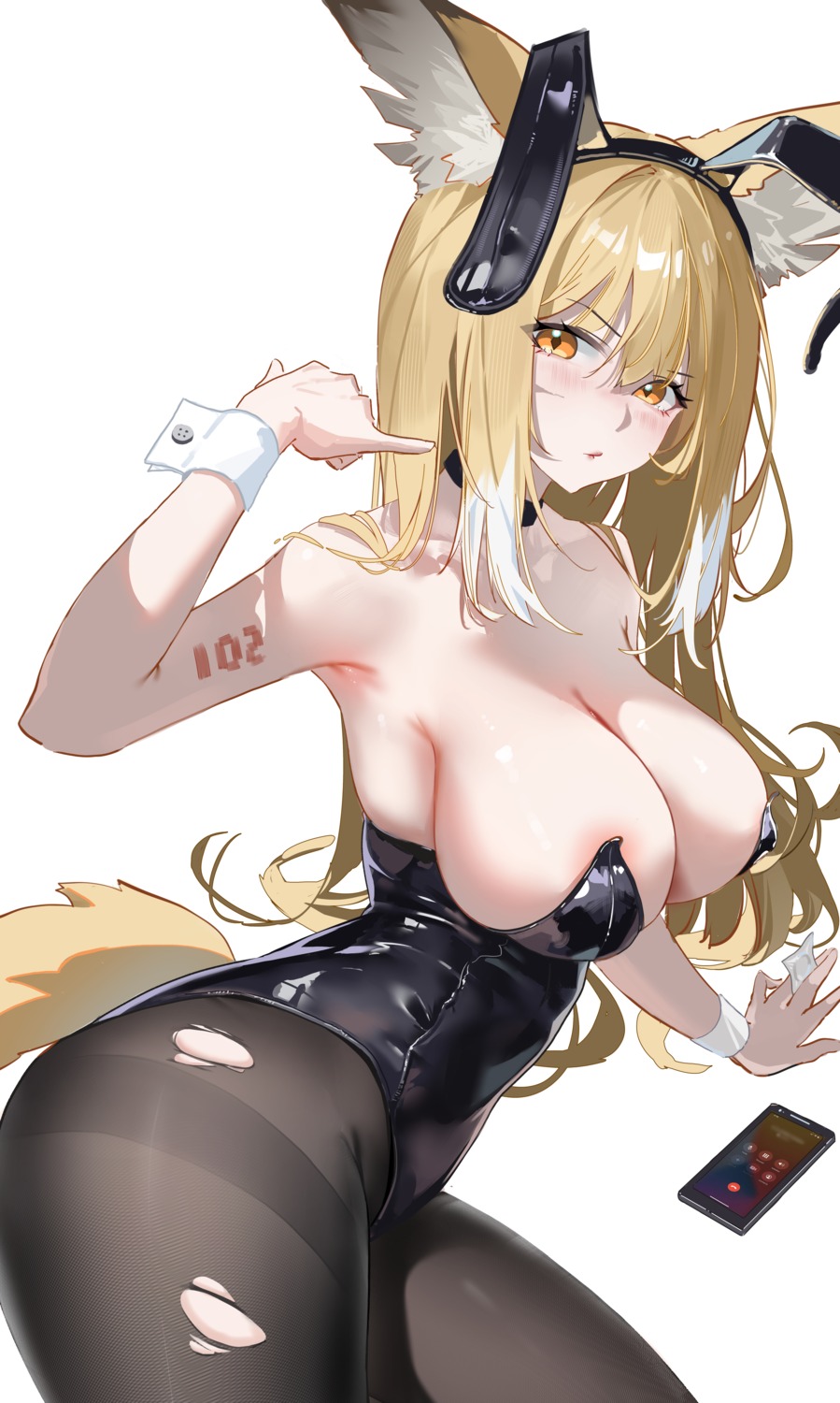 animal_ears arknights bunny_ears bunny_girl huade_xiami no_bra pantyhose tail torn_clothes vulpisfoglia