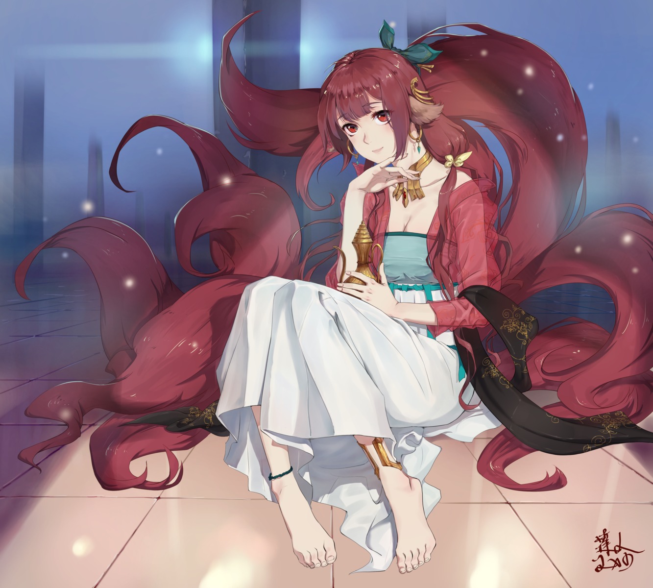 animal_ears asian_clothes cleavage feet lxd see_through tail
