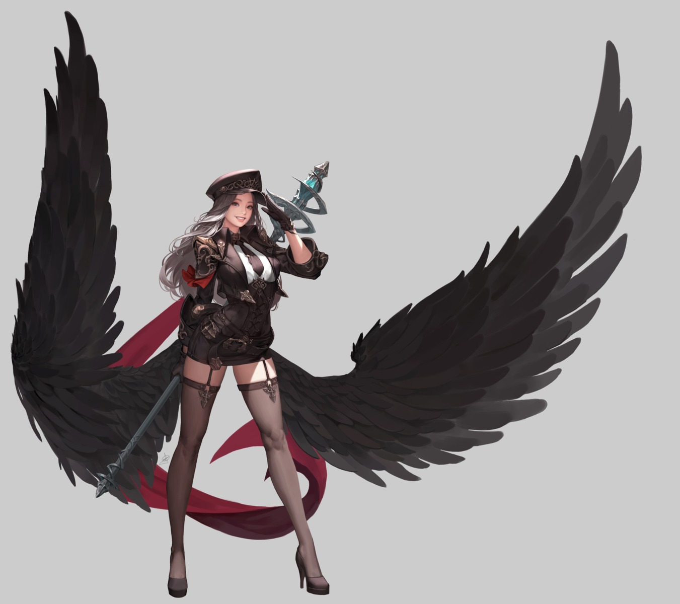 daeho_cha heels stockings thighhighs uniform weapon wings