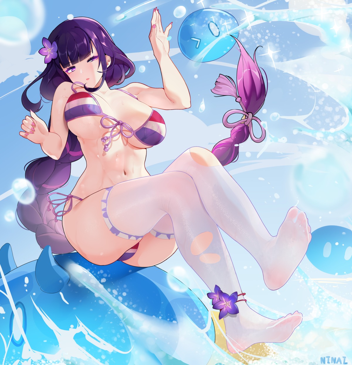 bikini feet genshin_impact ninai raiden_shogun swimsuits thighhighs thong torn_clothes wet