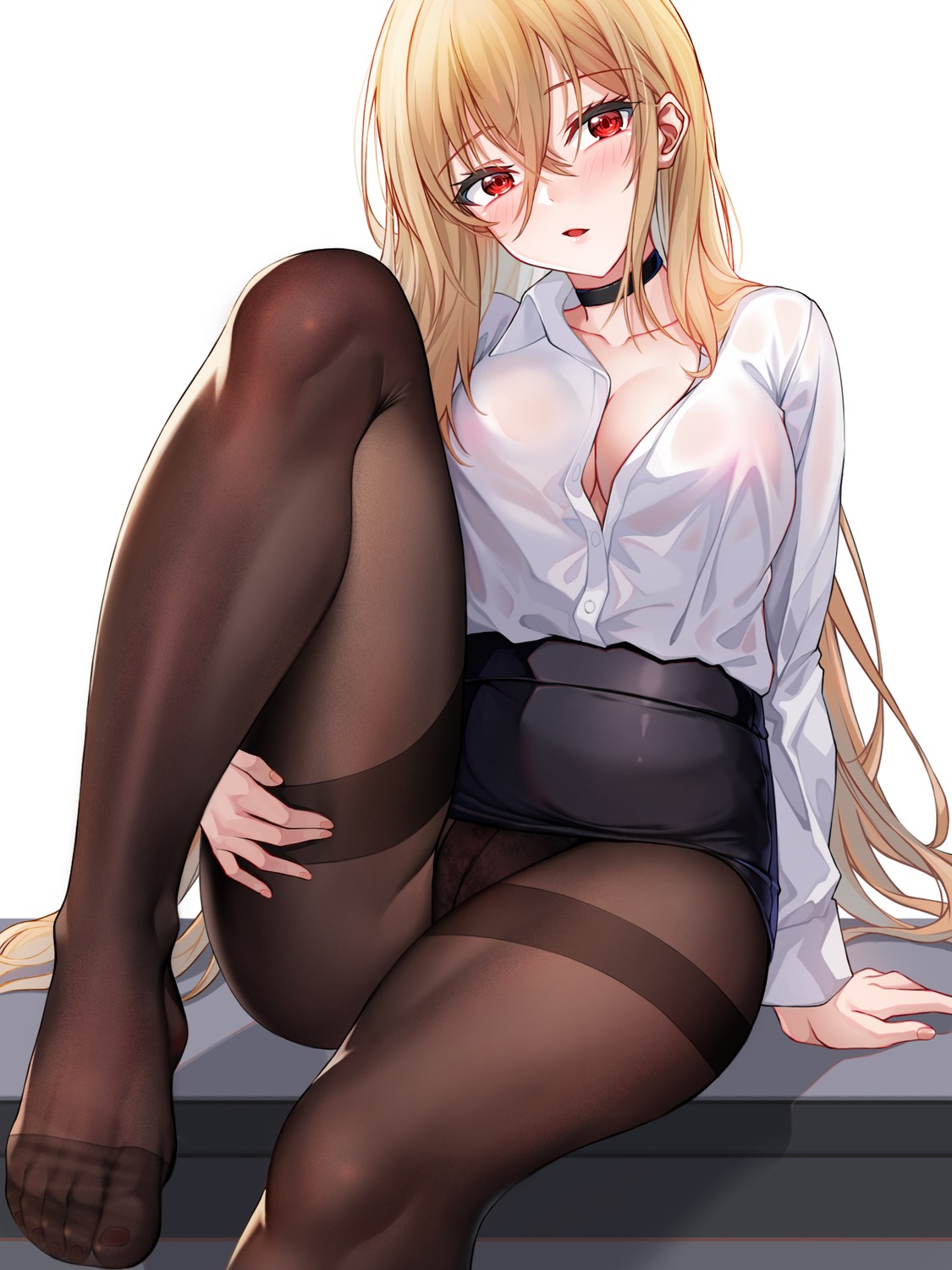 azur_lane dress_shirt implacable_(azur_lane) marc09 no_bra open_shirt pantsu pantyhose see_through skirt_lift