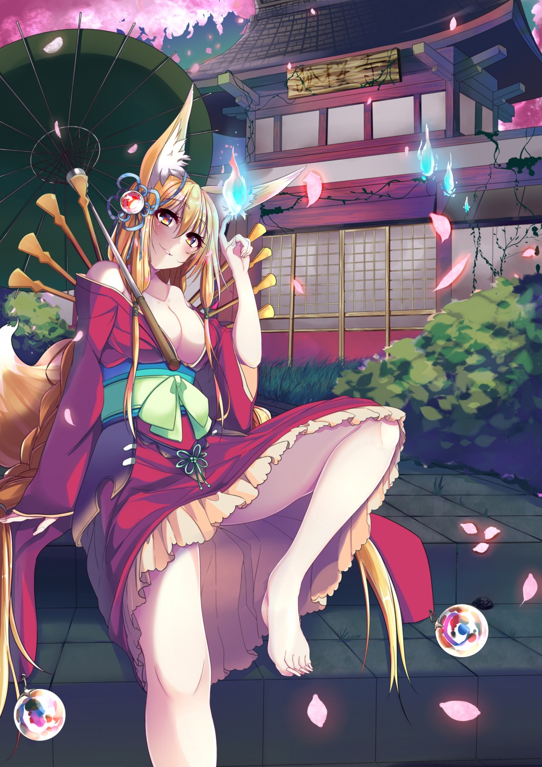 animal_ears cleavage kimono kitsune kona_(pixiv1056283) no_bra open_shirt tail umbrella