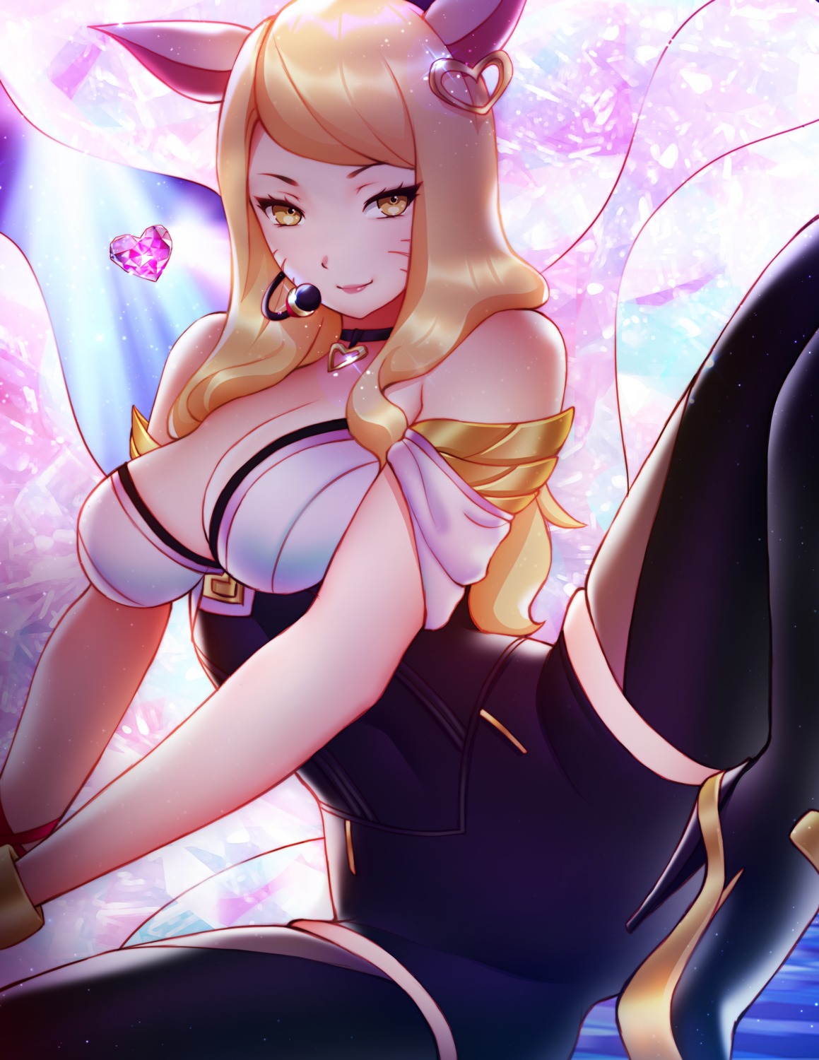 ahri animal_ears cleavage heels league_of_legends pinkladymage thighhighs