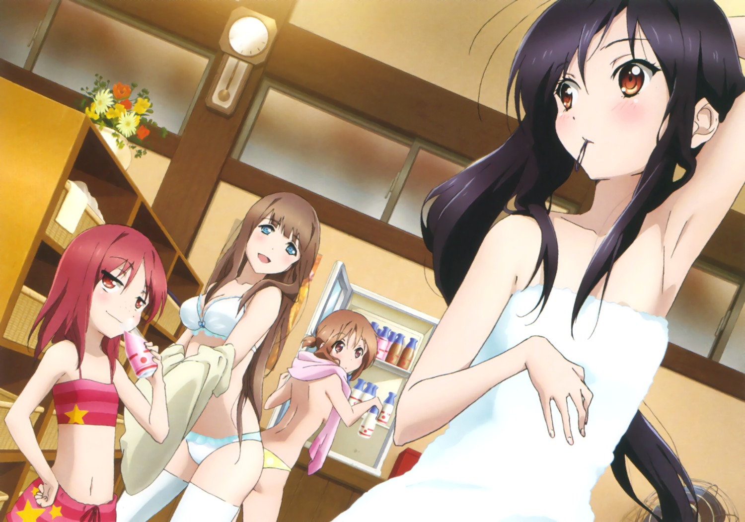 accel_world bra cleavage kouzuki_yuniko kurasaki_fuuko kurashima_chiyuri kuroyukihime pantsu thighhighs topless towel