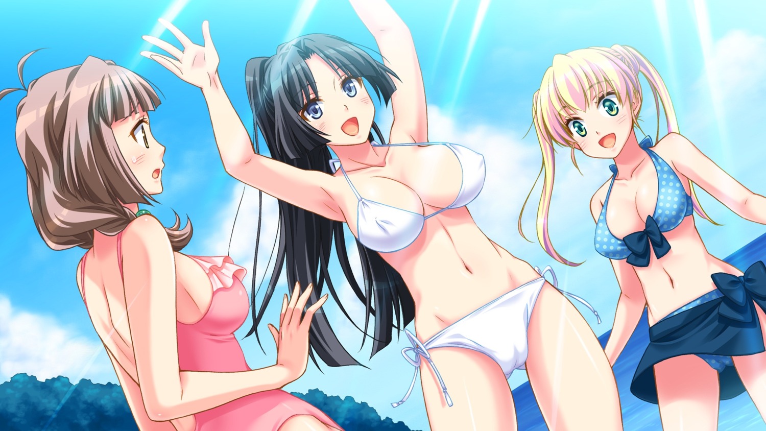 bikini bomi cameltoe cleavage erect_nipples game_cg kajiki_aiko konoshiro_sayori molamola_software no_pantsu!! oikawa_ayu swimsuits