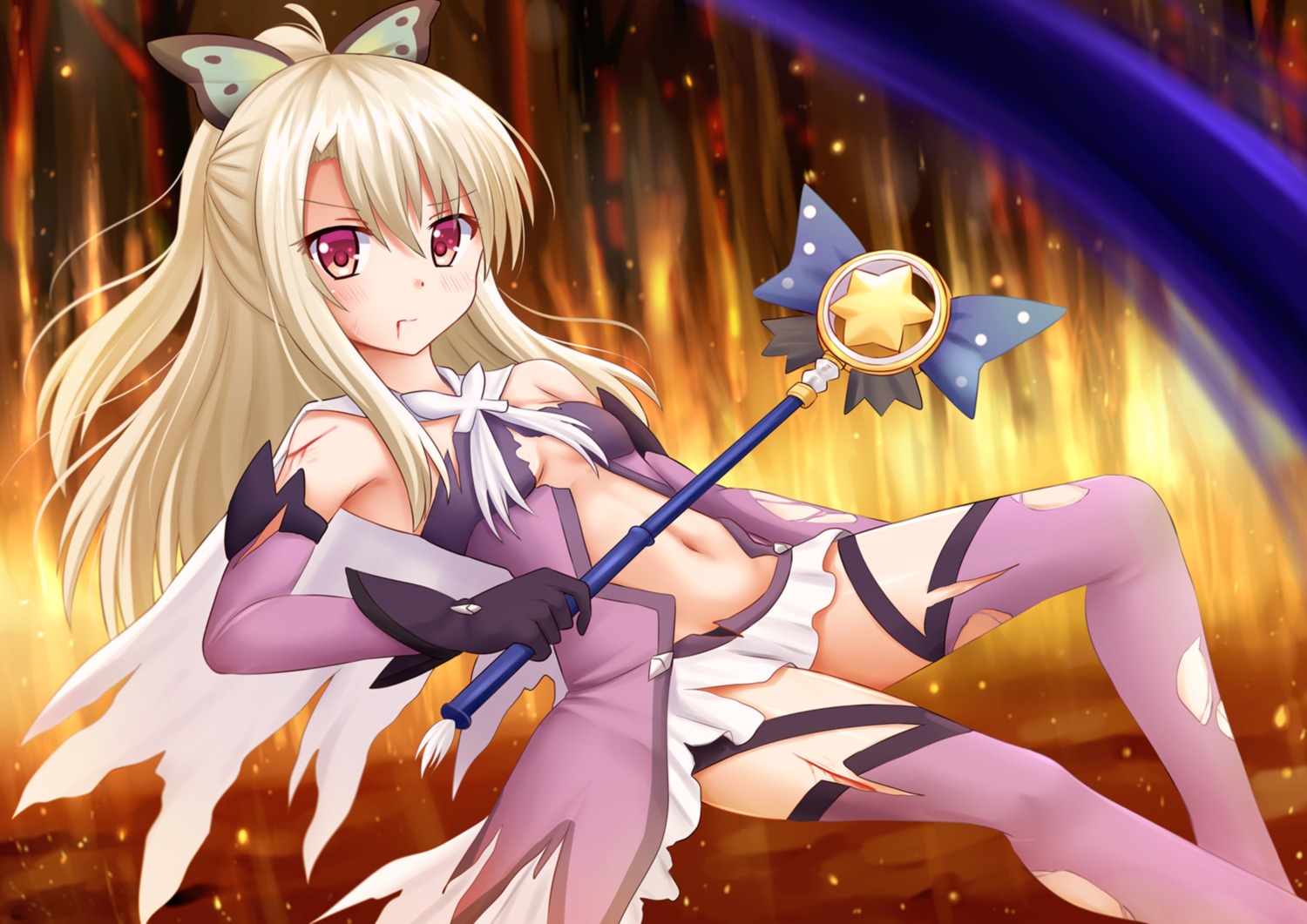 blood cleavage fate/kaleid_liner_prisma_illya fate/stay_night illyasviel_von_einzbern kazenokaze magical_sapphire no_bra thighhighs torn_clothes weapon