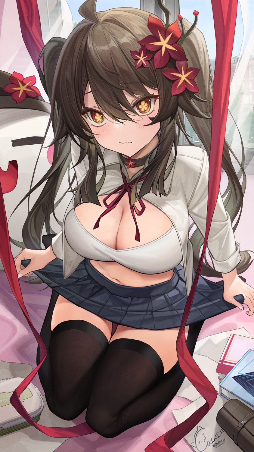 bra genshin_impact hu_tao open_shirt seifuku skirt_lift thighhighs youxuemingdie