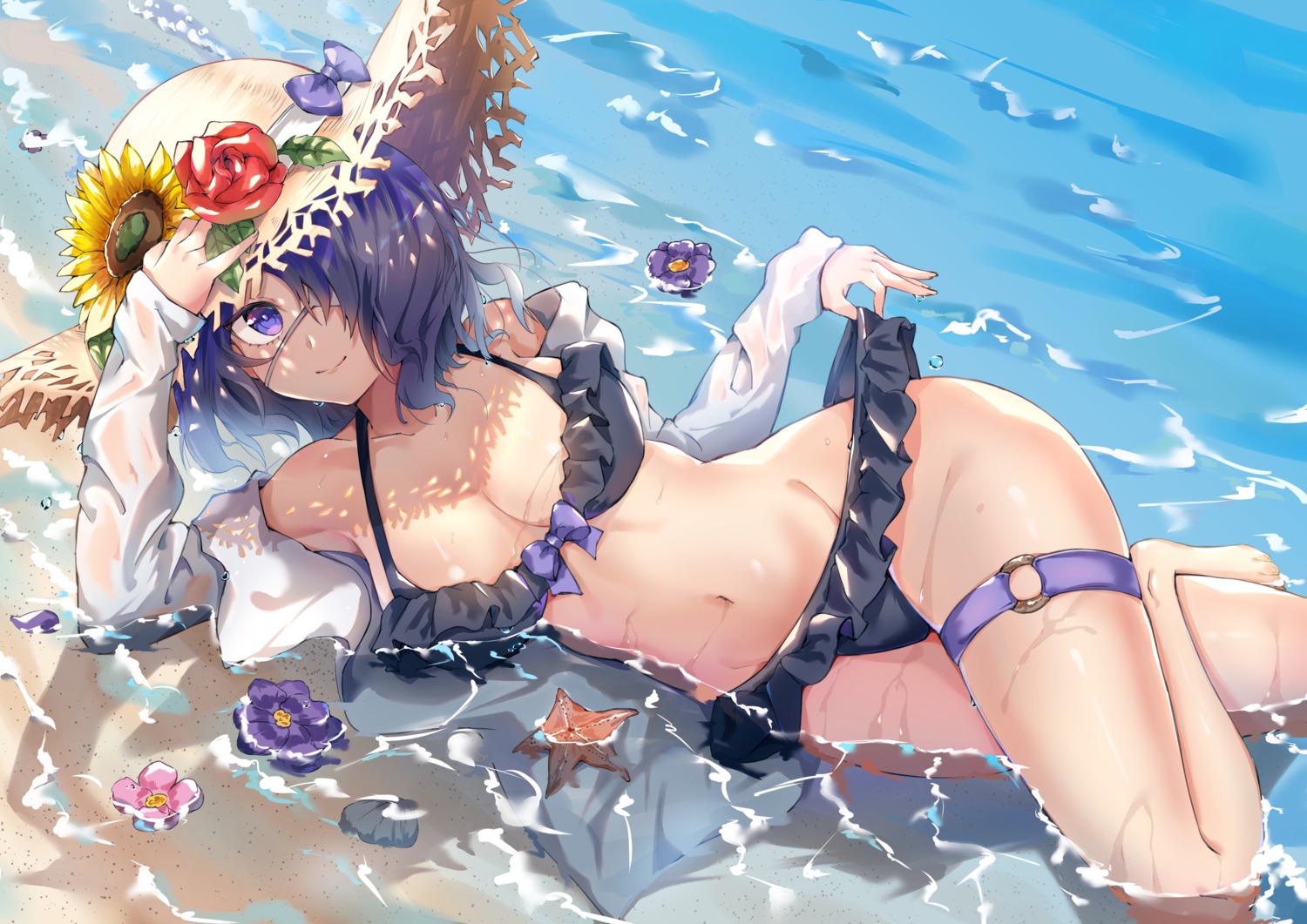 arknights bikini eyepatch garter lankuchashuangjielong open_shirt see_through swimsuits undressing wet wet_clothes whisperain_(arknights)