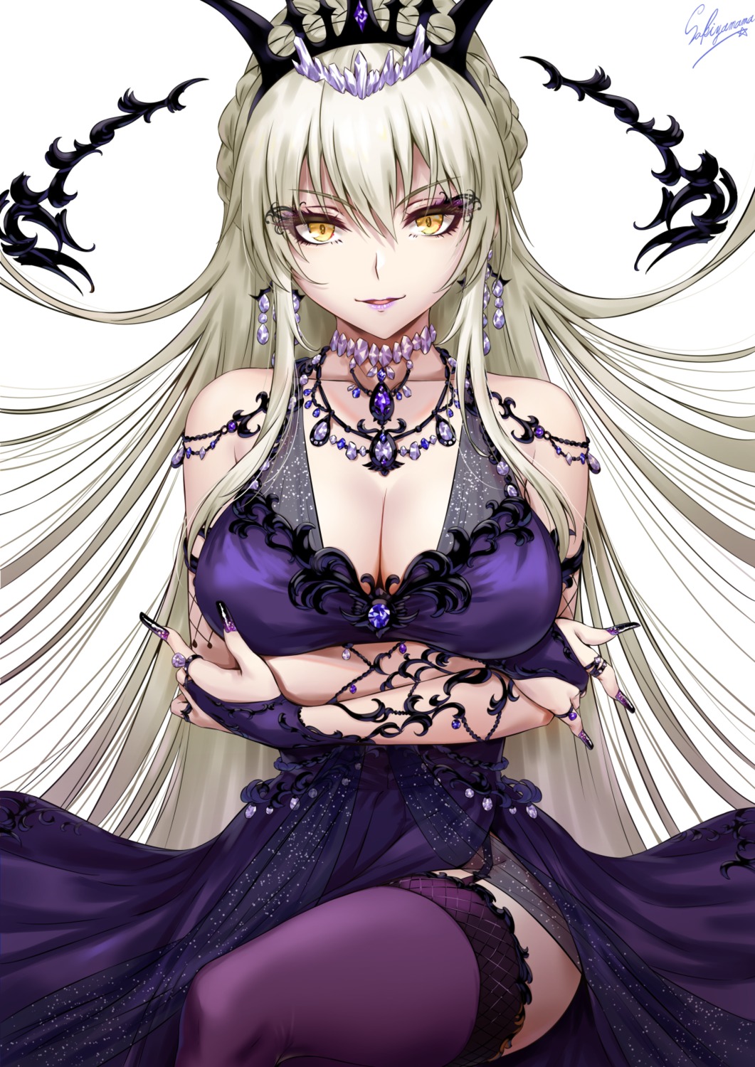 artoria_pendragon_alter_(fate/grand_order) breast_hold cleavage dress fate/grand_order nopan sakiyamama see_through stockings thighhighs