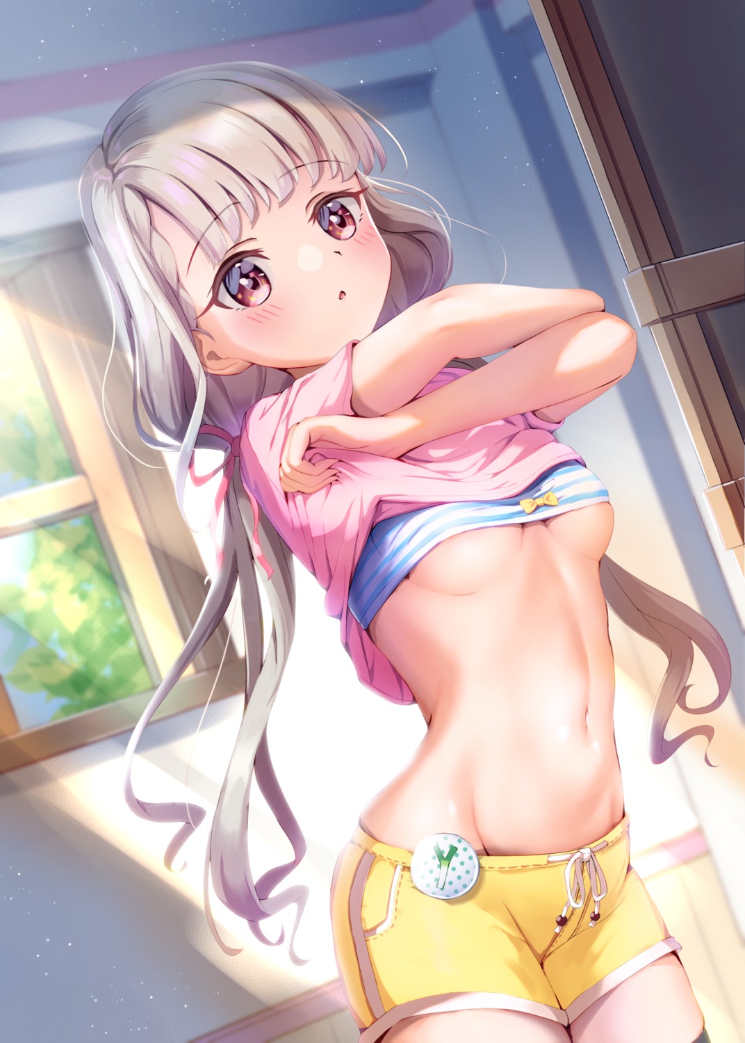 bra hisakawa_nagi loli shirt_lift the_idolm@ster the_idolm@ster_cinderella_girls thighhighs tudon_(donut) underboob undressing