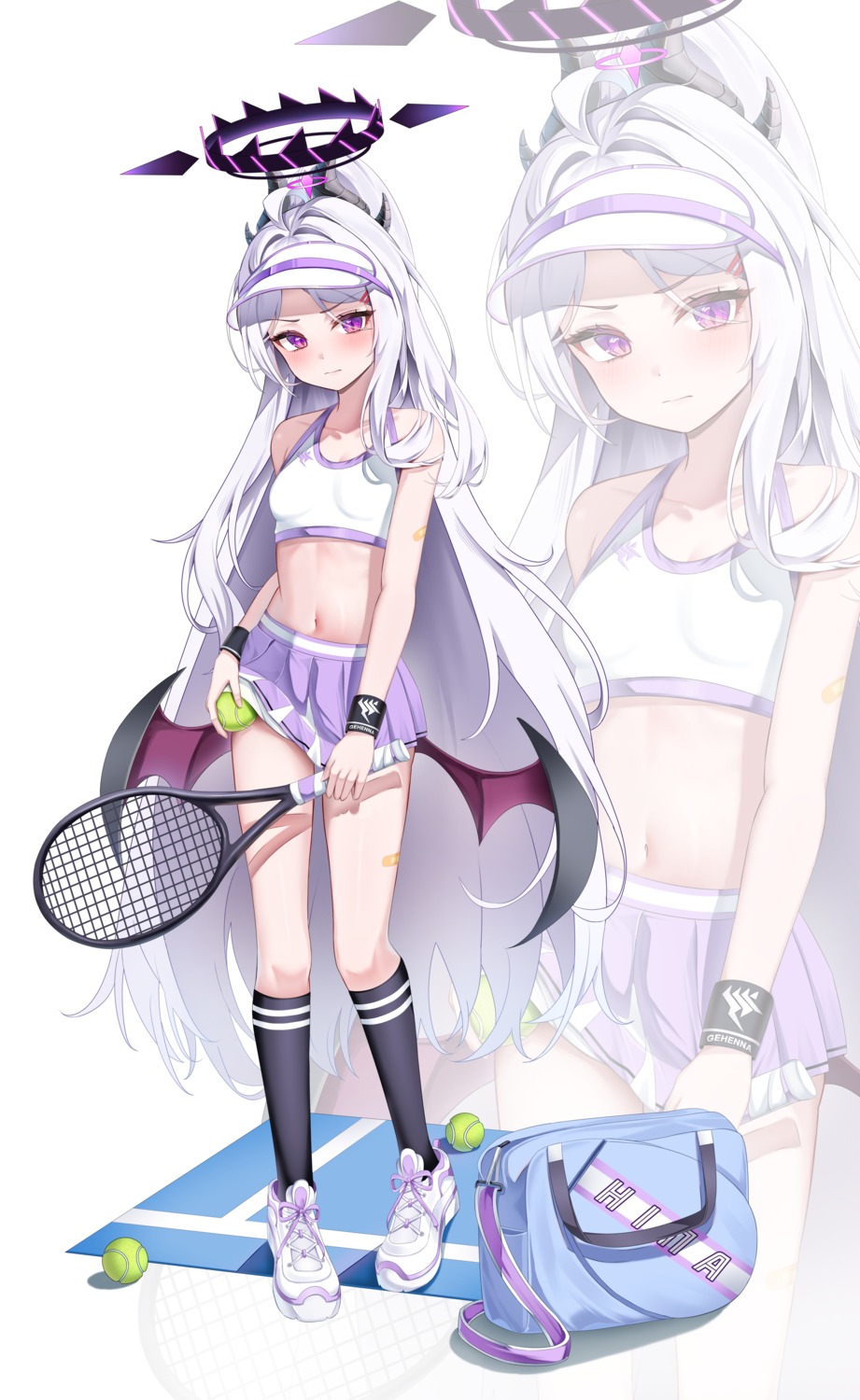 blue_archive devil halo horns li_se loli skirt_lift sorasaki_hina tennis wings