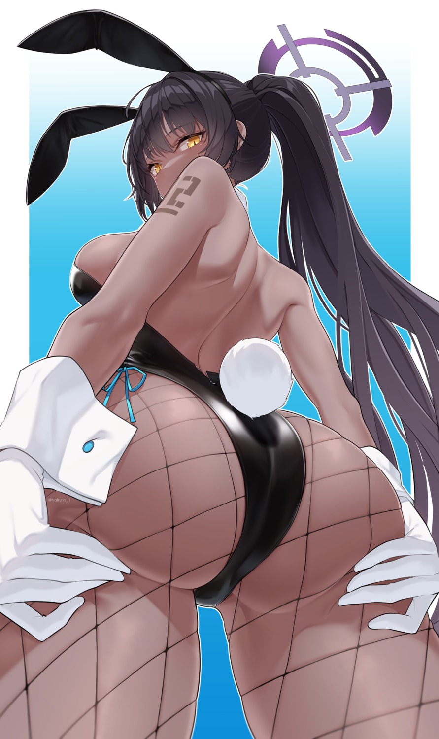 animal_ears ass blue_archive bunny_ears bunny_girl fishnets halo kakudate_karin narynn no_bra pantyhose tail tattoo