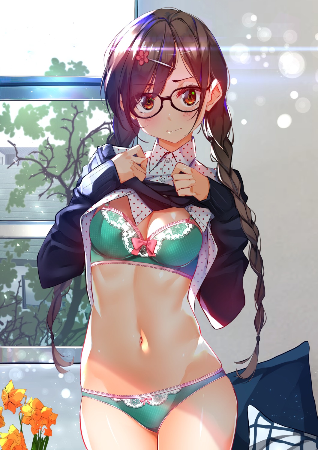 bra cleavage ichinose_chizuru kanojo_okarishimasu megane open_shirt pantsu shirt_lift sweater sydus undressing