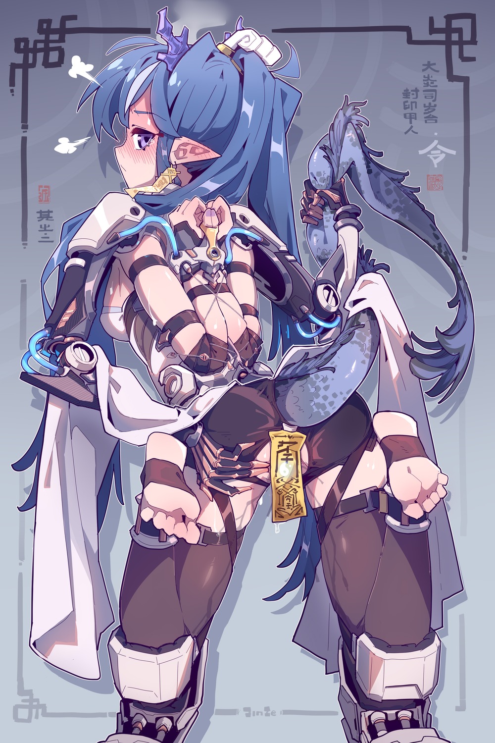 arknights bondage horns jinze_(imazawa) ling_(arknights) pointy_ears pussy_juice tail thighhighs