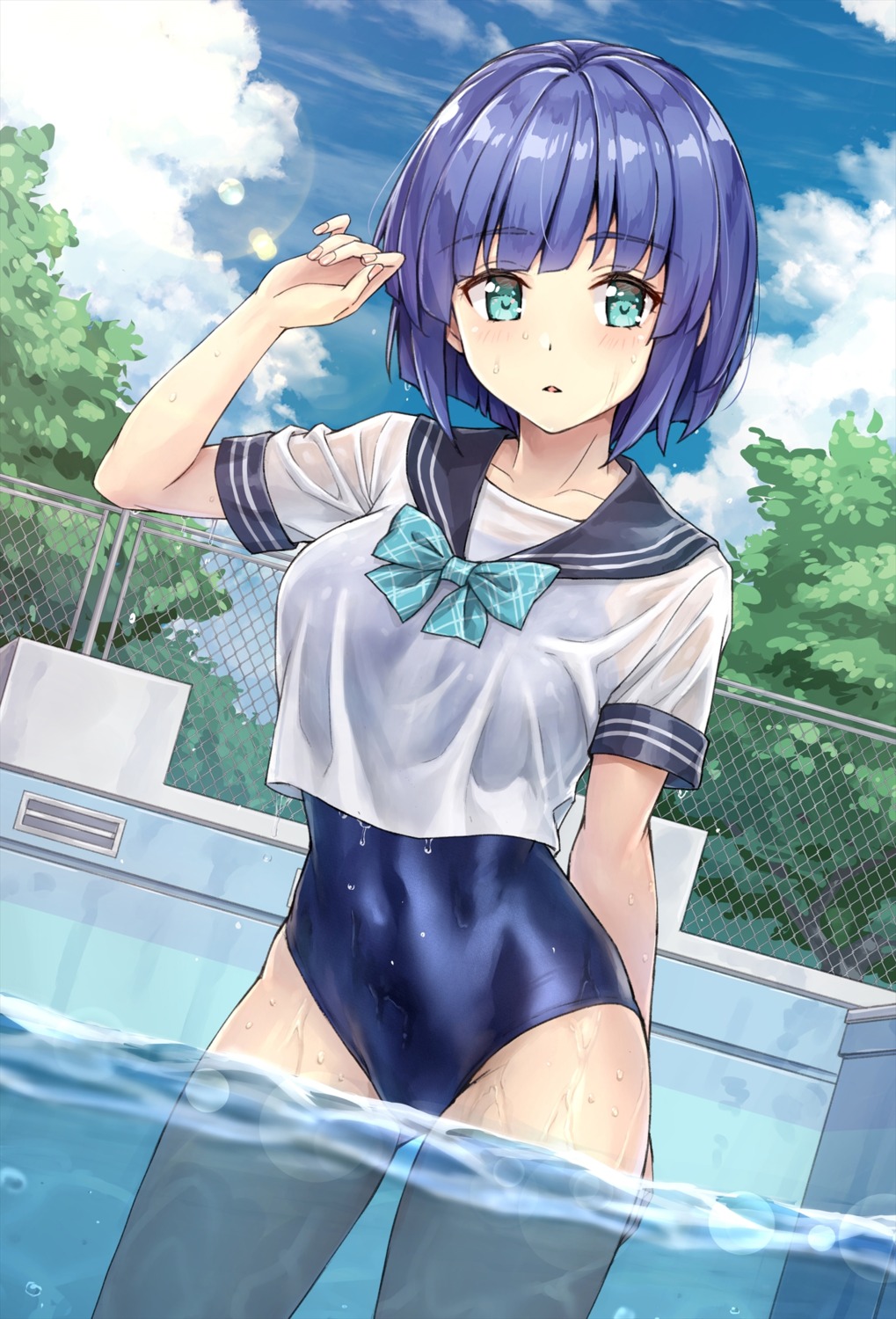 izumi_hina_(neet_kunoichi) kotatsu_(kotatsu358) neet_kunoichi_to_nazeka_dousei_hajimemashita school_swimsuit see_through seifuku swimsuits wet wet_clothes