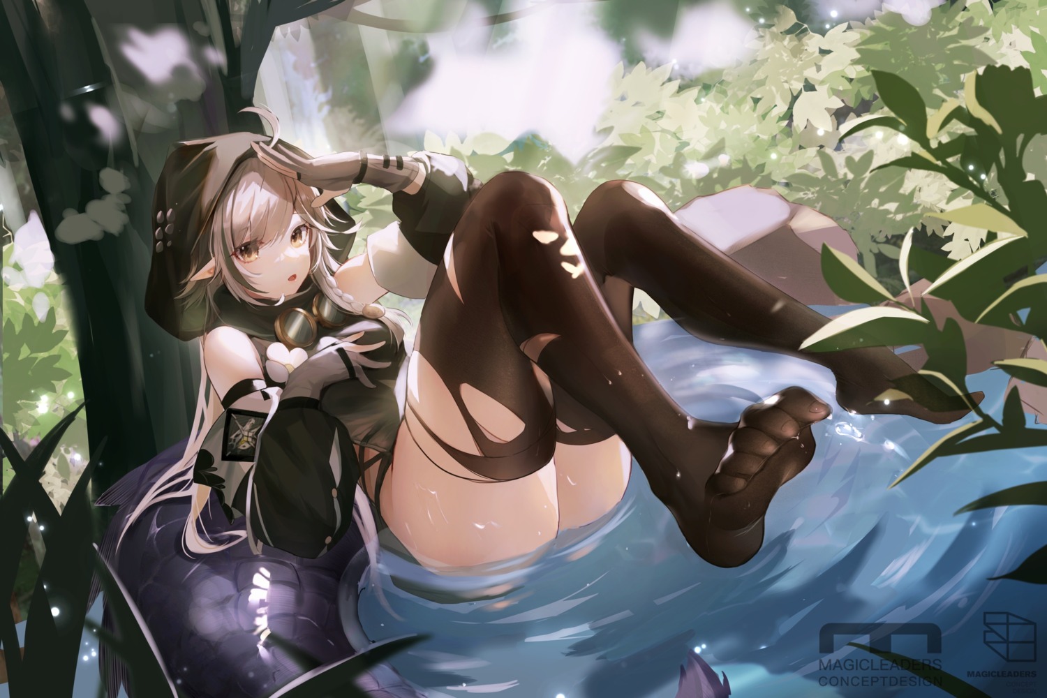 arknights feet pointy_ears thighhighs tomimi_(arknights) torn_clothes wet xiao_mian_yang_gao